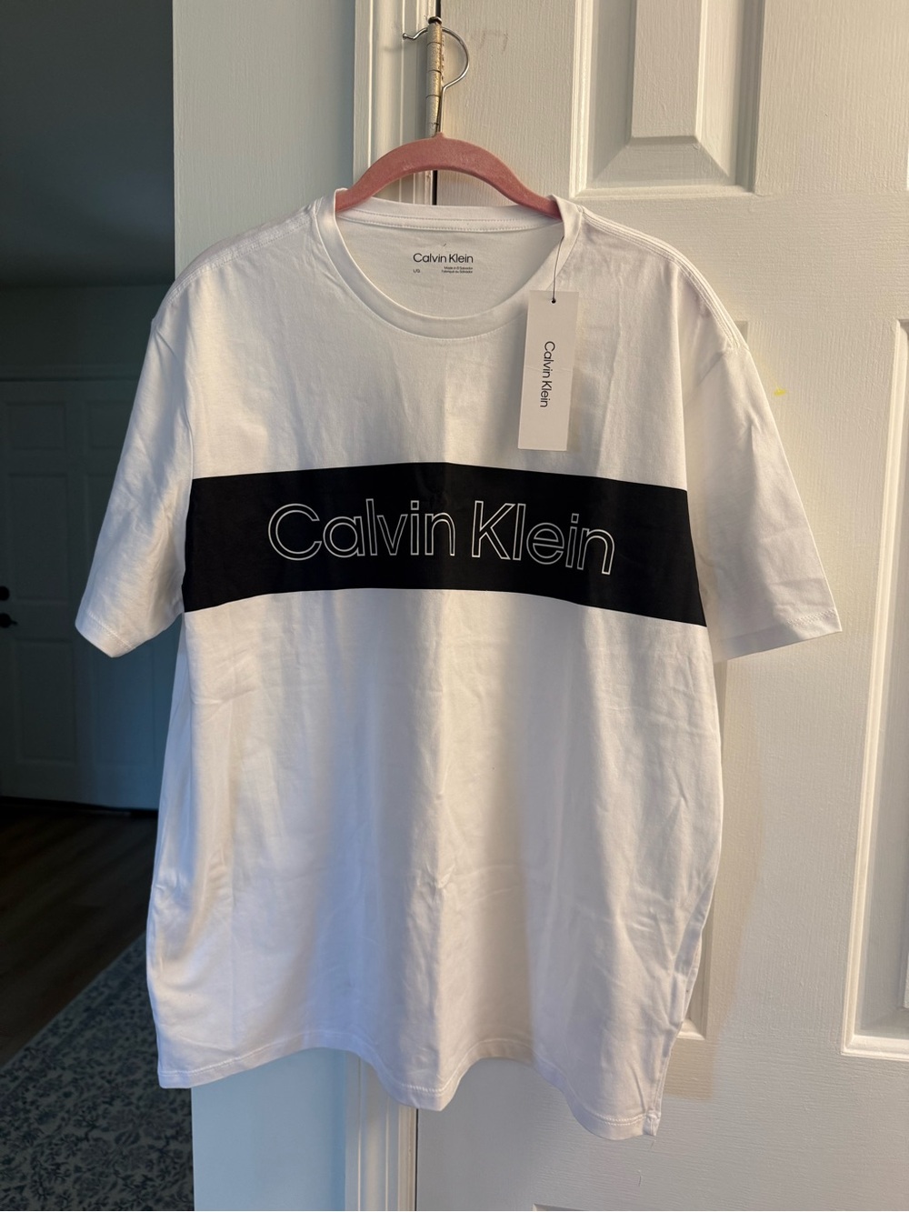 Calvin Klein Men’s White Logo Stripe Crew Neck T-Shirt